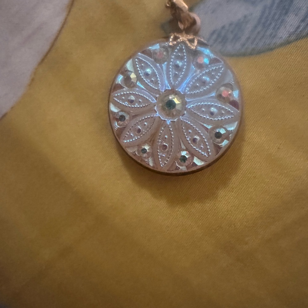 Round Floral Resin Pendant Necklace and Earrings with Gold Tone chain